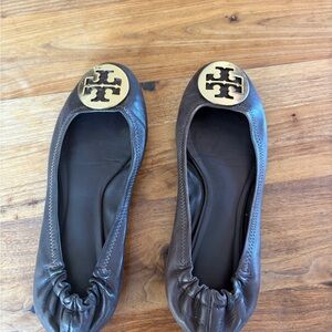 Tory Burch Dark Brown Flats with Gold Emblem
